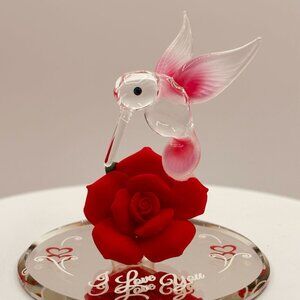 Hummingbird I Love You Glass Figurine on Rose Mirror Romantic Gift Decor